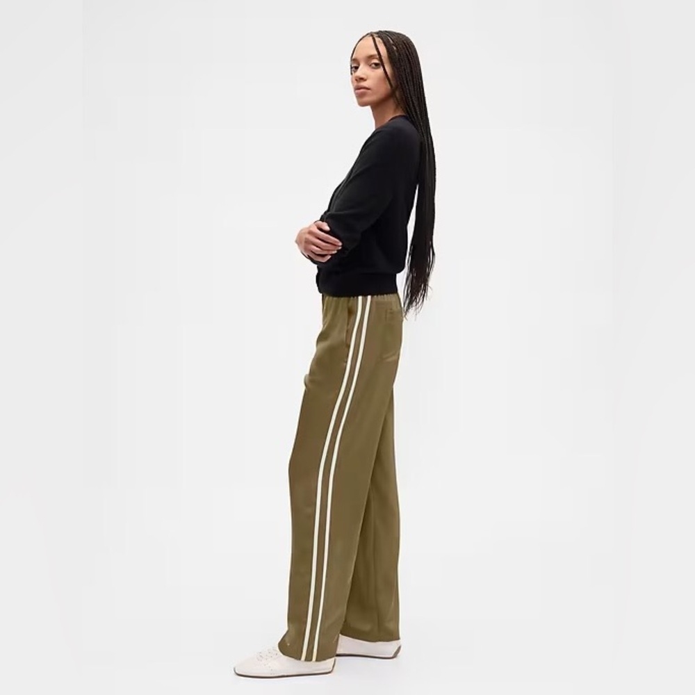 GAP Satin Olive Striped Wide-Leg Track Pants - Picture 2 of 4